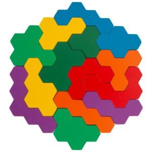 Forma gjashtëkëndëshe shumëngjyrëshe prej druri për puzzle