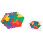 Puzzle gjashtëkëndësh prej druri me forma shumëngjyrëshe