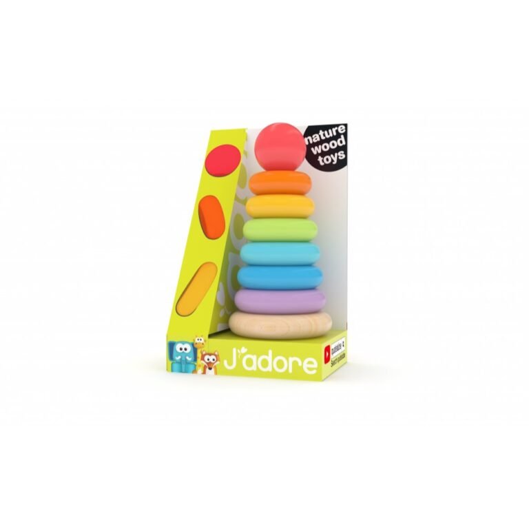 Piramidë me rrathë prej druri për fëmijë – Rainbow Stacker (J’adore)