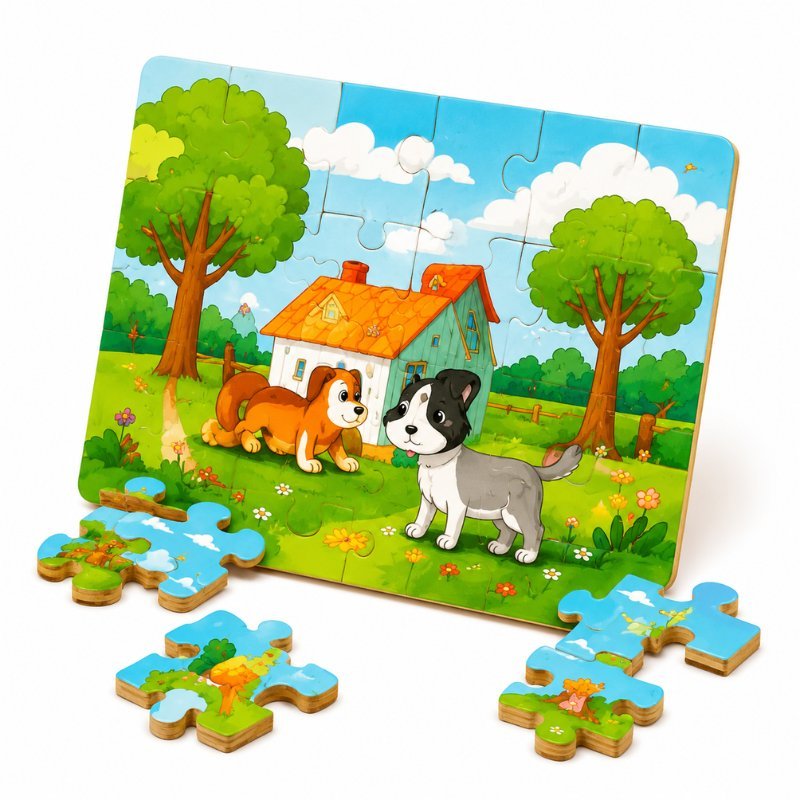 Puzzle prej druri për fëmijë me ilustrim kafshësh dhe natyre