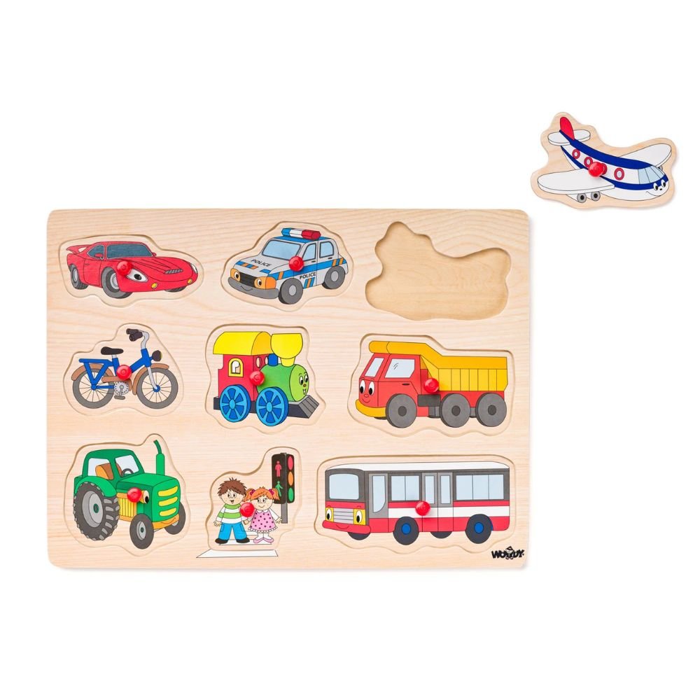 Tabelë puzzle prej druri me mjete transporti