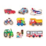 Pjesë puzzle prej druri me automjete dhe mjete transporti