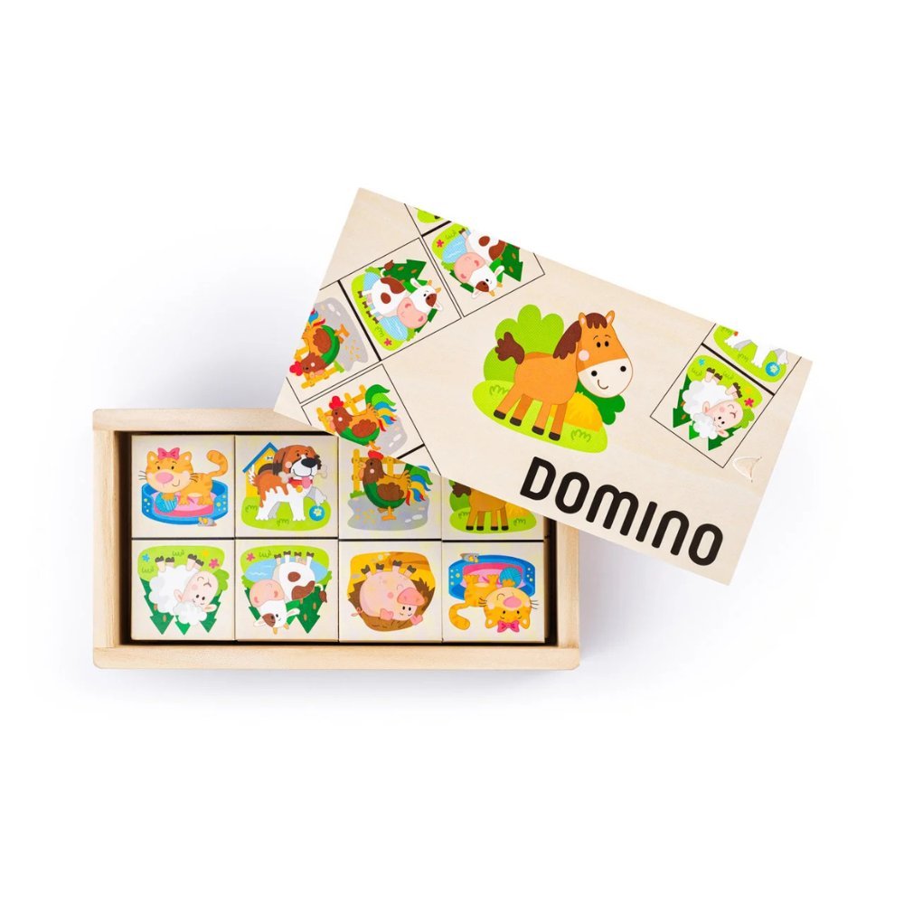 Lojë domino prej druri me kafshë të fermës