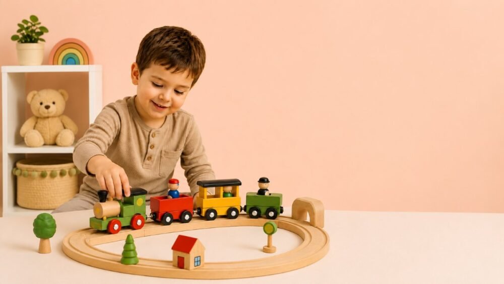 Fëmijë 4–5 vjeç duke luajtur me tren prej druri