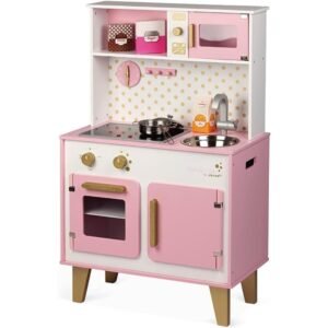 Kuzhinë prej druri Candy Chic Janod me pianurë, furrë, mikrovalë dhe lavaman inox.