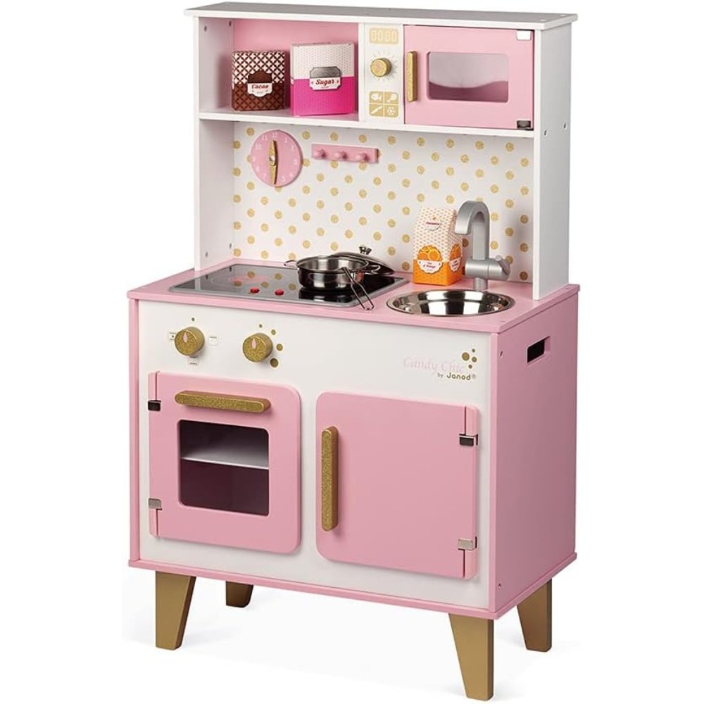 Kuzhinë prej druri Candy Chic Janod me pianurë, furrë, mikrovalë dhe lavaman inox.
