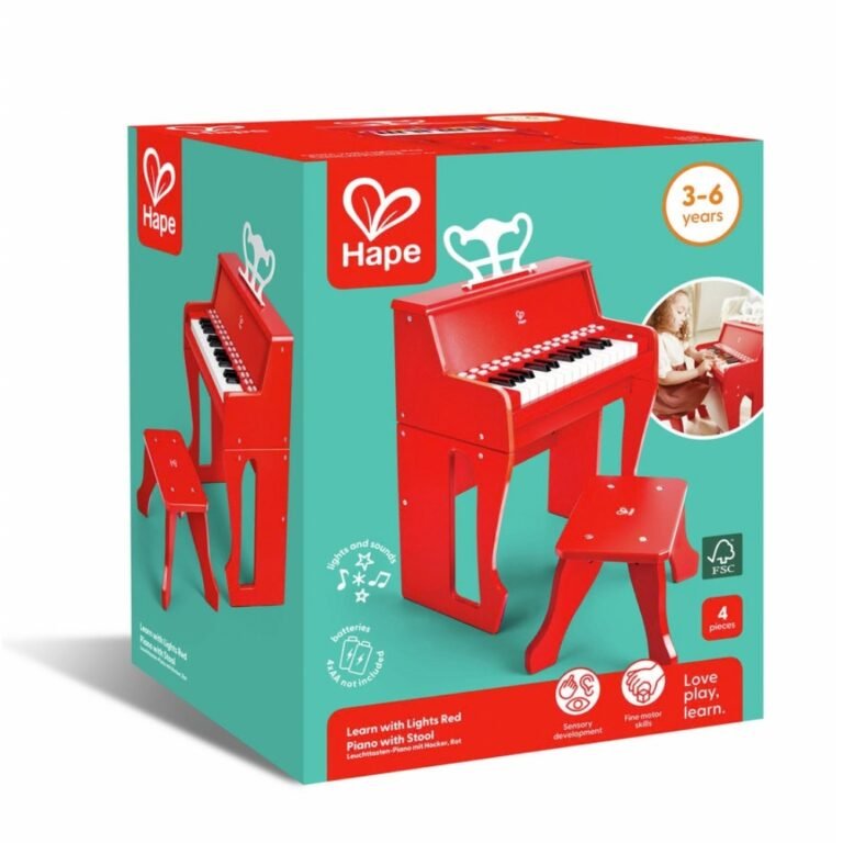 Piano elektrike prej druri me karrige – 25 taste me dritë – E kuqe thumbnail 3