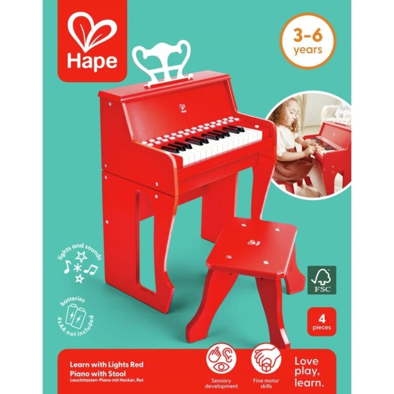 Piano elektrike prej druri me karrige – 25 taste me dritë – E kuqe thumbnail 6