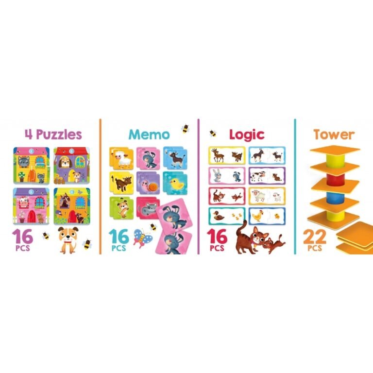 Set lojërash edukative 4 në 1 për fëmijë – Puzzle, memorie, logjikë dhe kullë thumbnail 3